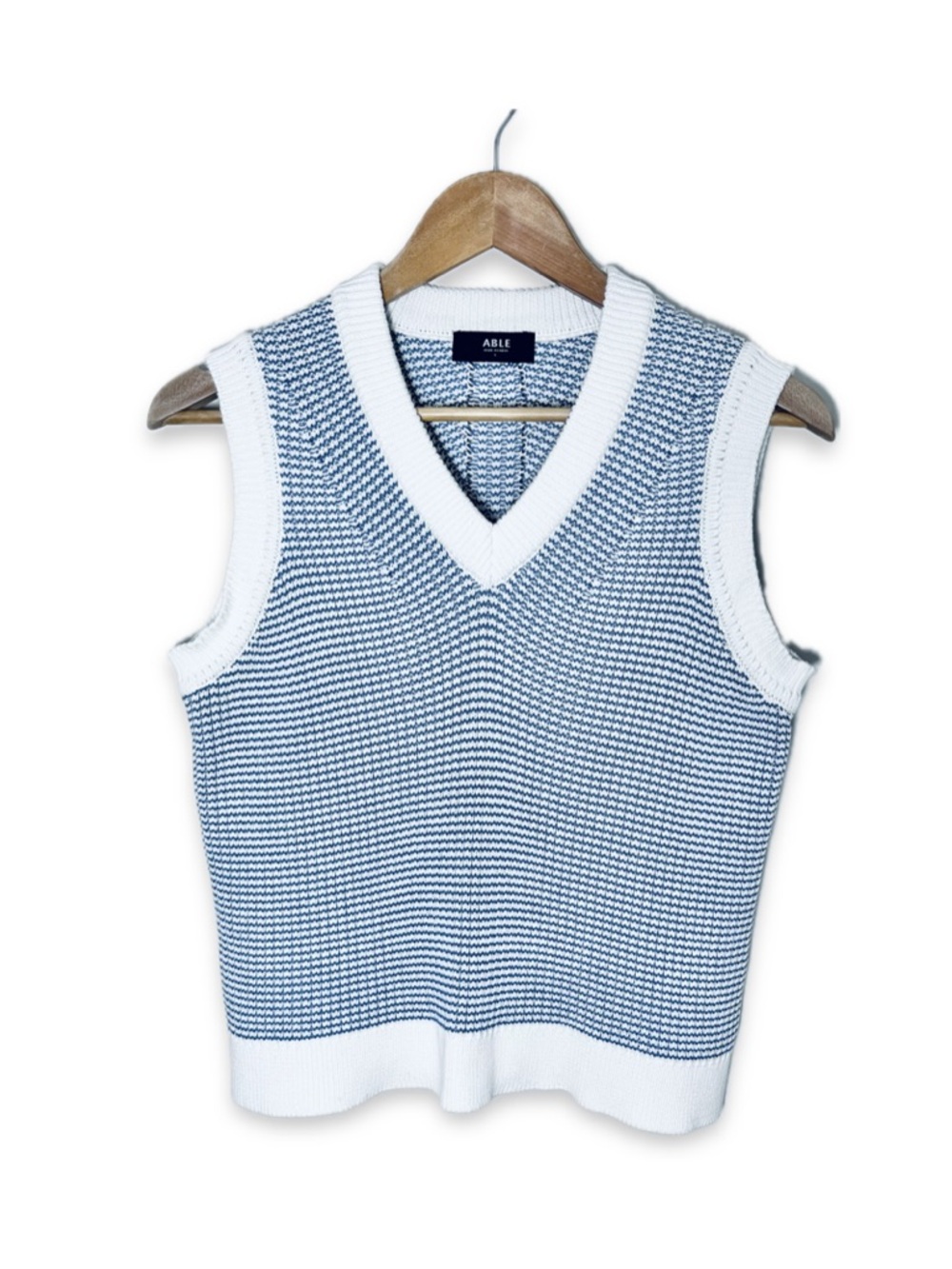 ABLE Liza V-Neck Sweater Vest Blue Ivory Stripe Organic Cotton Size L